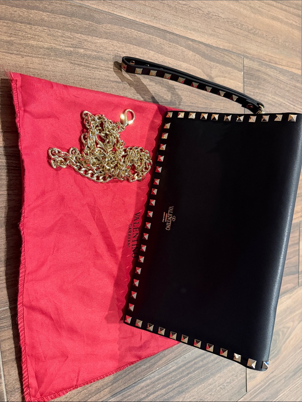 Black Leather Rockstud Wristlet with Gold Chain